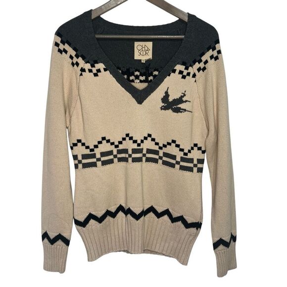 Chaser Aztec Southwestern Sweater Womens Medium Cotton V-Neck Pullover Top - Picture 2 of 5